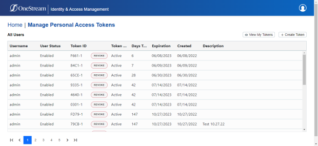 The Manage Personal Access Tokens page has a grid with each personal access token listed in a separate row. Each row for an active token includes a button with a red oval and black text that is all capitalized: REVOKE. There is an oval button in the top right corner above the grid with black text: + Create Token.